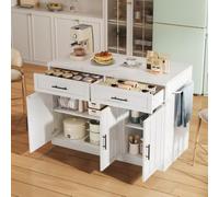 Vepssder Îlot de Cuisine 120 x 60 x 91 cm, Prises électriques, Ports USB, Câble d'alimentation de 1.5 m, étagères réglables, Poignées Métalliques, îlot Central Cuisine,Blanche