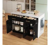 Vepssder Îlot de Cuisine 120 x 60 x 91 cm, Prises électriques, Ports USB, Câble d'alimentation de 1.5 m, étagères réglables, Poignées Métalliques, îlot Central Cuisine,Noire