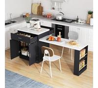 Vepssder Îlot de Cuisine avec Table à Manger Extensible,Prise de Courant,2 tiroirs, 2 étagères latérales Ouvertes,Table de Cuisine avec Espace de Rangement pour 4 à 6 Personnes(D-Blanc+Noir)