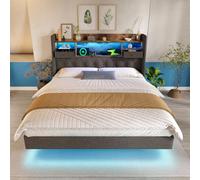 Vepssder Lit 160x200 avec sommier à Lattes avec LED et 1 Type-C,3 Ports USB,Cadre de lit capitonné,Lit rembourré 160x200 cm Flottant,avec tête de Rangement,Lin,Gris(sans Matelas)