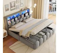 Vepssder Lit 180x200 avec sommier à Lattes avec Ports USB et Type-C LED,Lit Coffre rembourré 180x200,lit 2 Personnes avec Rangement,avec Rangement de la tête,Tissu en Velours,Gris