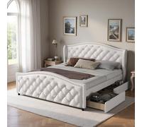 Vepssder Lit 2 Personne rembourré avec 2 tiroirs,lit Coffre 140x200,Cadre de lit 140x200 avec sommier à Lattes,PU,Blanc