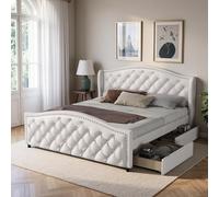 Vepssder Lit 2 Personne rembourré avec 2 tiroirs,lit Coffre 160x200,Cadre de lit 160x200 avec sommier à Lattes,PU,Blanc