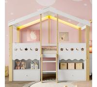 Vepssder Lit cabane Enfants 90x200cm avec Barriere,lit superposé Enfant 90x200,lit Mezzanine 1 Place Forme Maison avec 2 tiroirs,Bande Lumineuse LED, sans Matelas, Blanc + Naturel