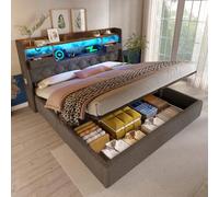 Vepssder Lit Coffre 180x200 avec sommier à Lattes avec LED et 1 Type-C,3 Ports USB,Cadre de lit capitonné,Lit rembourré 180x200 cm Flottant,avec tête de Rangement,Lin,Gris(sans Matelas)