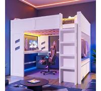 Vepssder Lit Mezzanine 140x200cm avec éclairage LED et Port USB Type c,lit superposé Gaming avec Bureau et tiroir,Cadre de lit en pin avec Portant et échelle pour Adolescent/Enfant,sans Matelas,Blanc