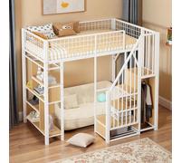 Vepssder lit Mezzanine 90x200cm avec escalier de Rangement et étagères,métal Lit superposé 1 Place avec Garde-Corps e Grand Espace sous,Cadre de lit 90x200 avec pour Adolescent,sans Matelas(Blanc)