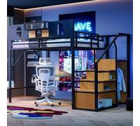 Vepssder Lit Mezzanine en métal 140 x 200 cm,avec échelle de Rangement,Compartiment de Rangement,Lit superposé Enfant,lit Mezzanine 1 Place (Noir)