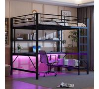 Vepssder Lit Mezzanine en métal 140 x 200 cm, lit Mezzanine 2 Places avec lumières LED Prise USB et Secteur,lit superposé Enfant Bureau ado combiné avec Table et étagère Garde-Corps,Noire