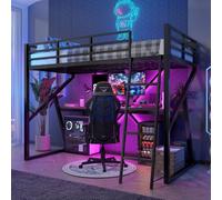 Vepssder Lit Mezzanine en Métal 90 x 200 cm, Lit Mezzanine 1 Places avec Lumières LED Prise USB et Secteur, Lit Superposé Enfant/Adulte Bureau ado Combiné avec Table et étagère Garde-Corps,Noire