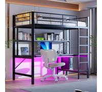 Vepssder Lit Mezzanine en métal 90 x 200 cm, lit Mezzanine 1 Places avec lumières LED Prise USB et Secteur,lit superposé Enfant Bureau ado combiné avec Table et étagère Garde-Corps,Noire