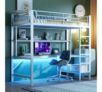 Vepssder Lit Mezzanine en métal 90 x 200 cm, lit Mezzanine 1 Places avec lumières LED Prise USB et Secteur,lit superposé Enfant Bureau ado combiné avec Table et étagère Garde-Corps,Blanche