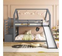 Vepssder Lit superposé avec escalier de Rangement et Toboggan,lit cabane Enfants 90x200,Cadre de lit Mezzanine Enfant/ado avec barrière (Gris,90x200)