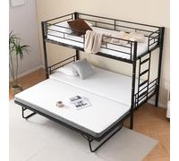 Vepssder Lit superposé en métal 90x200cm,lit Mezzanine 2 Places lit superposé avec lit gigogne escamotable,lit Enfant avec barrière,Extensible en Deux Simples ou Un Adulte,Noir,Matelas Non Inclus