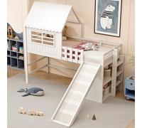 Vepssder Lit superposé Enfant avec Toboggan et Support de Rangement,lit cabane Enfants 90x200,Cadre de lit Enfant 90x200 avec sommier et barrière de sécurité,Blanc