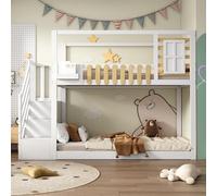 Vepssder Lit superposé Enfant en pin Massif avec échelle de Rangement et étagère,lit Enfant 90x200 avec barrière de sécurité,Cadre de lit cabane Enfants 90x200 avec sommier à Lattes,Blanc