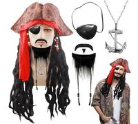VEQENIFY Ensemble de chapeau de pirate, chapeau de pirate, accessoires de costume de pirate, accessoires comprenant une moustache, un cache-œil et un collier, accessoire de pirate médiéval pour homme