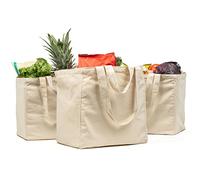 VeraMia Canvas Grocery Bag 3pc Jumbo Set with Real Pockets, Long Shoulder Strap and Short Handle. Reusable Shopping Bags for Groceries Heavy Duty, Foldable, Washable, Natural, XL