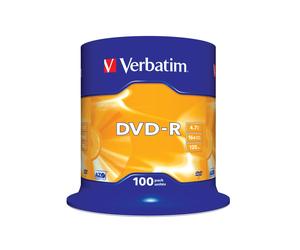Verbatim DVD-R 4.7 Go Argent Mat, Vitesse d'écriture 16x, 120 minutes, Diamètre 120mm, Conditionnement Fuseau de 100 pièces (Référence 43549)