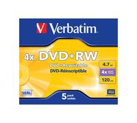Verbatim DVD+RW 4.7GB 4x 120mm Boîtier Double (5 pièces) - Surface Argent Mat, Enregistrement Cyanine/Azo Dye, Référence 43229