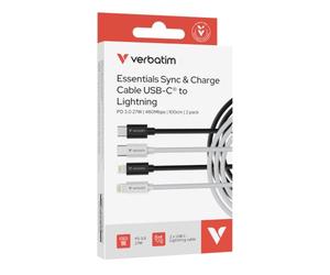 Verbatim Essentials Pack de 2 Câbles USB-C vers Lightning de 1m, câble de recharge rapide jusqu’à 27W avec Power Delivery 3.0, câble de charge USB-C, 1 câble Noir et 1 câble Blanc