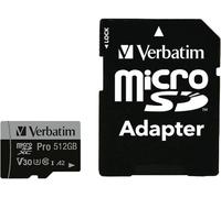 Verbatim Pro Carte microSDXC 512 GB UHS-Class 3 compatibilité vidéo 4K, Standard de puissance A2, avec adaptateur SD, résistance aux chocs, étanche