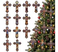 Vercraft Lot de 24 croix en bois pour décorations de Noël, crèche de Noël 3D à suspendre, ensemble de décorations religieuses chrétiennes pour sapin de Noël avec inscription gravée Jésus pour la