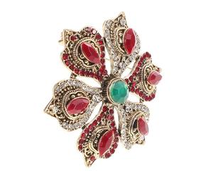 VERDANVERSE Broche Baroque Vintage Lotus Six Trésors Cristaux Rouge Doré Épingle de Revers Élégante pour Femmes Accessoire Mode Noël Anniversaire