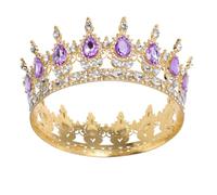 VERDANVERSE Diadème Couronne Ronde Grosse Taille Vintage en Strass Scintillants pour Mariage, Accessoire Cheveux de Mariée Doré et Violet, Couronnes pour Mariage et Fêtes