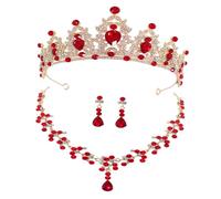 VERDANVERSE Ensemble de Bijoux de Mariage Mariée Diadème Couronne en Métal Doré Rouge Collier Fin et Boucles D’Oreilles Pendantes Accessoires Élégants pour Cérémonie et Fête