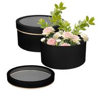 VERDANVERSE Lot de 2 Boîtes Présents Rondes à Fenêtre Transparente en PVC Boîte à Bouquets pour Fleurs Emballage Floral pour Saint-Valentin Préservation Fraîcheur Noir