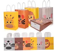 VERDANVERSE Lot de 24 Paquet Présents en Papier Kraft Animaux 21X15X8 CM Anniversaire d'Garçon et Filles Paquet de Fête Poignées pour à Thème Jungle