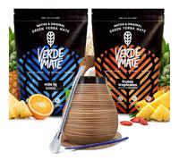 Verde Mate Green set yerba mate | Paquet de deux yerba mate | Verde Mate Mas IQ et Frutos Tropicales | Calebasse, bombilla et accessoires | Caféine naturelle | Yerba mate brésilien | 2x500g | 1kg