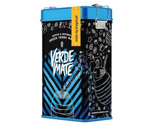 Verde Mate Mas IQ Tropical 0,5kg | Yerbera | Boîte en métal avec distributeur | Maté aux fruits exotiques et guarana | Stimulation | Thé du Brésil | 500 g