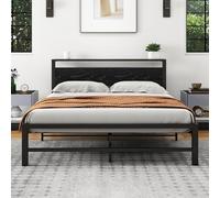 VERFARM Cadre de lit king size en métal 1,50 m avec étagère de rangement en bois, 150 x 200 cm, pas besoin de sommier, support robuste en acier, montage facile