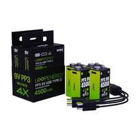 VERICO LoopEnergy Lot de 4 blocs PP3 9 V 4500 mWh Batterie USB-C rechargeable, batterie Li-ion, 2 câbles de charge USB type A vers 2 x type C