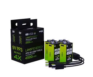 VERICO LoopEnergy Lot de 4 blocs PP3 9 V 4500 mWh Batterie USB-C rechargeable, batterie Li-ion, 2 câbles de charge USB type A vers 2 x type C