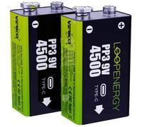 Verico LoopEnergy 9V Block 2er Pack, PP3, 4500 mWh, Wiederaufladbare USB-C Batterie, Li-ION, 1 Ladekabel USB Type A Auf 2 x Type C