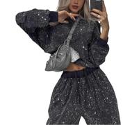 Veriliss 2 Pièces Femmes Sport Set Paillettes Ensemble Fille Taille Haute Manches Longues Casual Set (Noir,S)