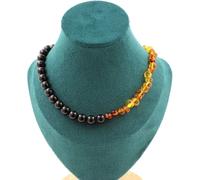 Véritable chaîne en perles d'ambre de la Baltique + chaîne en agate noire de 8 mm en acier inoxydable