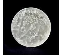 Véritable plaque de chargement en sélénite avec gravure « Arbre de vie » Ø 13,5 cm - Modèle lourd 500 g - Avec petit support en acrylique
