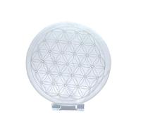 Véritable plaque de chargement en sélénite avec gravure « Fleur de vie » Ø 14 cm - Modèle lourd 500 g - Avec petit support en acrylique