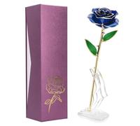 Véritable rose bleue trempée avec support Décoration florale Or 24 carats plaqué Feuille verte Cadeau d'anniversaire Saint-Valentin