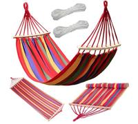 Verk Group Hamac simple de jardin multicolore rouge avec cadre barres Antyrollio en bois en tissu de coton, intérieur et extérieur, 200 x 80 cm, camping portable, charge maximale 150 kg Hamac suspendu