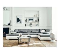 Vermont - canapé panoramique d'angle droit - 7 places - convertible - en simili et tissu - Gris / Blanc