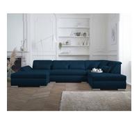 Lisa Design - Canapé Panoramique en U Droit Vermont en Tissu Et Simili - Grand Sofa XXL Bleu Pétrole 7 Places - Salon