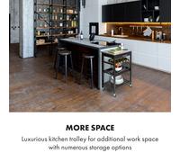 KLARSTEIN Vermont - Desserte de Cuisine sur roulettes Chariot de Service en Bois véritable avec Plan de Travail en Acier INOX (tiroir, Support pour Bouteilles, Plateau de Service Amovible)