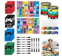 Vernerth Lot de 64 cadeaux de fête pour enfants avec stylos à encre invisible, bracelets en silicone, porte-clés, autocollants lumineux, sacs cadeaux, cadeaux pour garçons
