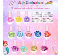 Vernis Enfant À L'eau Cadeau Fille 12 * 5ml Couleurs Non Toxique 2 Feuilles De Stickers Pour Ongles Enfants,Peel-Off Séchage Rapide Vernis À Ongles,Kit Cadeau Pour Les Filles