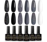 Vernis Semi Permanent Noir,6 Couleurs Noir Gris Blanc Pailleté Vernis Gel UV Semi Permanent Soak Off UV/LED Vernis à Ongles